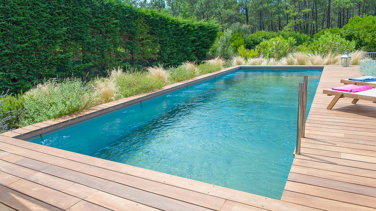 Grande piscine avec terrasse en bois au milieu de la nature